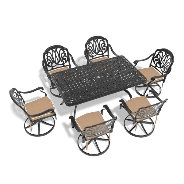 English Elm 7-Piece All-Weather Cast Aluminum Dining Set With Swivel Chairs, Cushions & Umbrella Hole For Comfort W1710S00461