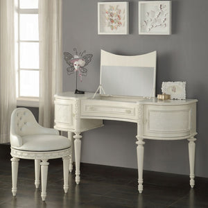 English Elm Ivory Tufted Swivel Vanity Seat Upholstered in Faux Leather with Turned Wood Legs B062P209153