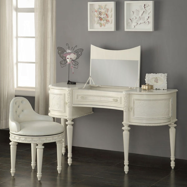 English Elm Ivory Tufted Swivel Vanity Seat Upholstered in Faux Leather with Turned Wood Legs B062P209153