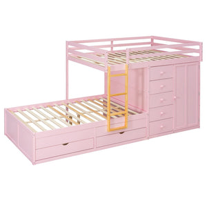 English Elm Full Size Bunk Bed with Integrated Drawers Wardrobe Mdf Solid Wood Kids Storage Pink LT000463AAH