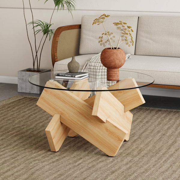 English Elm Circular Tempered Glass Round Coffee Table with Wood Tone Mdf Legs for Modern Living W1151P146792
