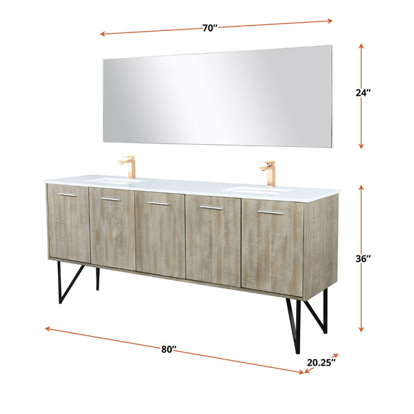English Elm Rustic Acacia 80-Inch Double Bath Vanity With White Quartz Top, Rose Gold Faucets & 70-Inch Mirror B2731S01678-GIGA