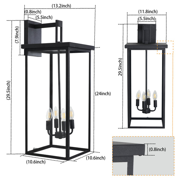 English Elm 30"(H) Elegant 4-Light Black Outdoor Wall Lantern Sconce Frosted Glass Weatherproof Porch Light W2312P374781