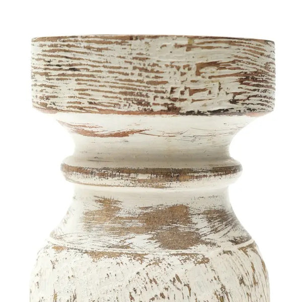 English Elm Decorative Wooden Centerpiece Candle Holder White Washed — Timeless 3.5x3.5x6" Wood Stand for Cozy Ambiance and Durable Style B346P392397
