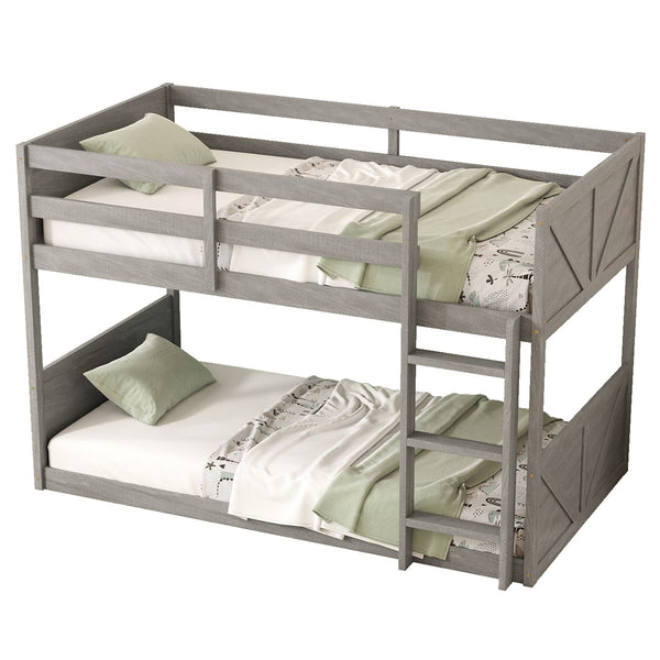 English Elm Twin Twin over Twin Floor Bunk Bed with Rustic Panel Headboards, Solid Rubberwood Frame, Space-Saving Design Antique White W504P263832