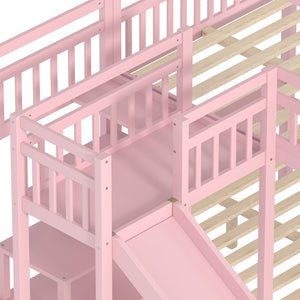 English Elm Full Bunk Bed with Trundle Bookshelf Storage Pine Frame Car Design for Kids Pink W1580S00304