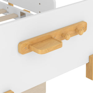 English Elm Twin Low Profile Kids Floor Bed Pine Wood Frame with Safety Rail and Built in Bookshelf Light White W1580P373241