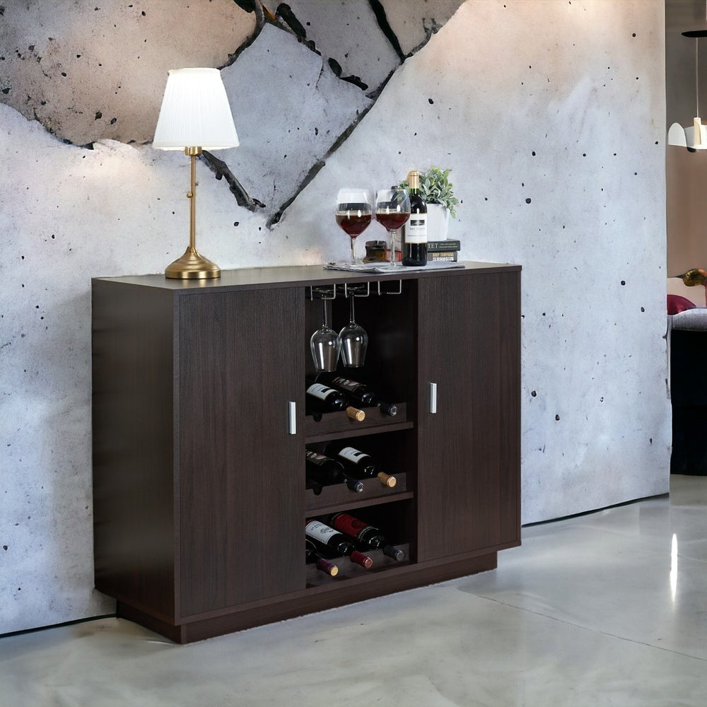 English Elm Espresso Wine Cabinet with Stemware Rack Bottle Storage and Dual Door Dining Display B062P209331