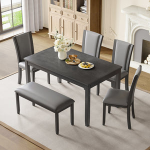 English Elm 6-Piece Modern Dining Table Set For 6 - Stylish Grey Wooden Table, Bench & Upholstered Chairs W1998S00066