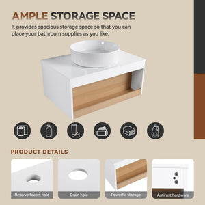 English Elm 30" Floating Wall Mount Bathroom Vanity Open Shelf Ceramic Vessel Sink Modern White W3450S00056