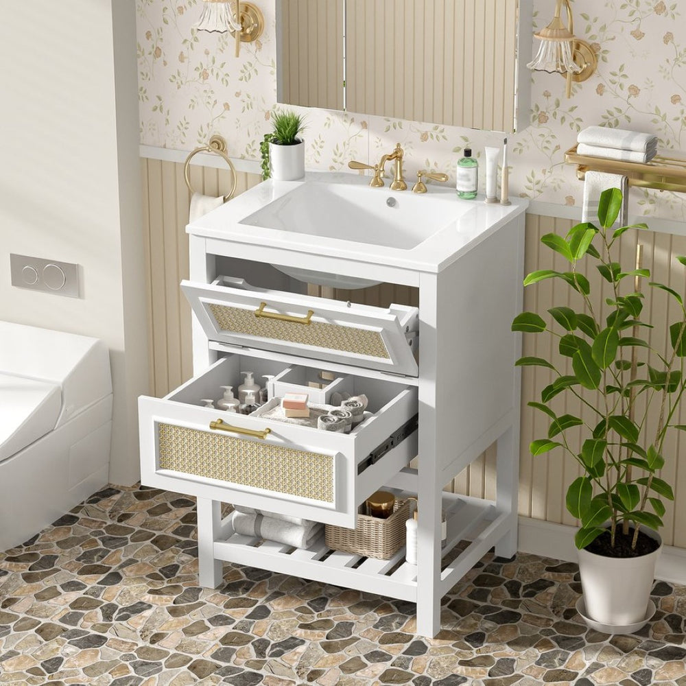 English Elm 24" Rattan Front Bathroom Vanity with Ceramic Sink Deep Drawer Storage Mdf Cabinet White N710P293990K