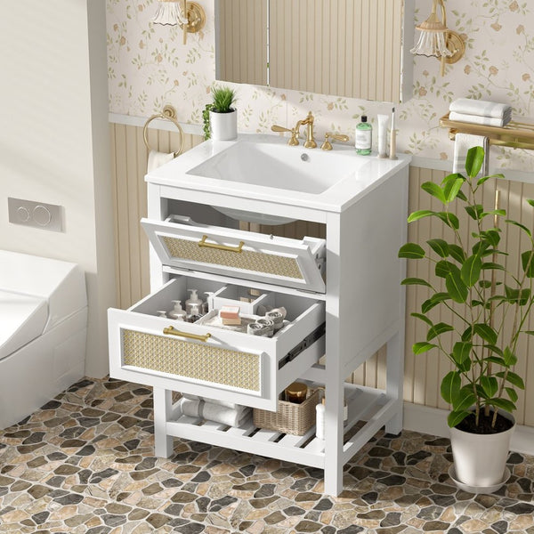English Elm 24" Rattan Front Bathroom Vanity with Ceramic Sink Deep Drawer Storage Mdf Cabinet White N710P293990K
