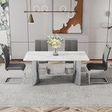 Hearth and Haven Modern Minimalist Dining Table. Imitation Marble Glass Sticker Desktop, Stainless Steel Legs, Stable and Beautiful. 4 Premium Leatherette Seats. 63 Inches x 35.4 Inches x 29.5 Inches Dt-69 C-1162 W1151S00837 W1151S00837