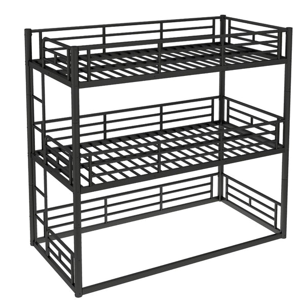 English Elm Twin Triple Metal Bunk Bed Matte Powder Coated Frame with Full Safety Guardrails Black W1580S00578
