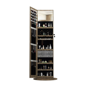 English Elm 360°swivel Jewelry Armoire with Lighted Interior Full Length Mirror Lockable White Antique Brown W3406P411300