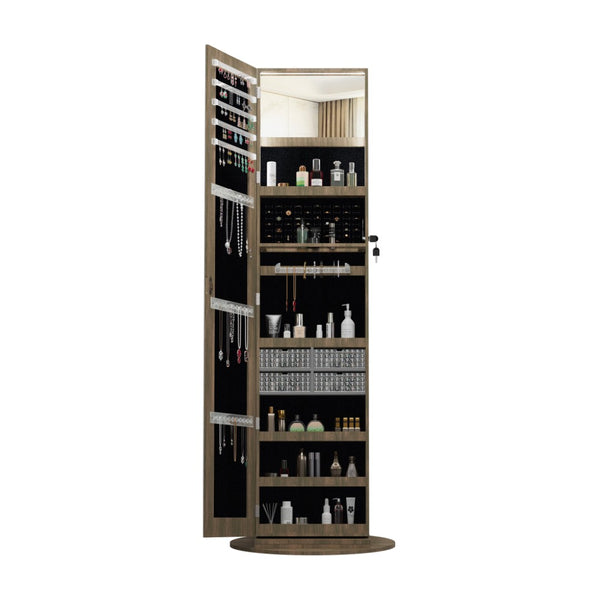English Elm 360°swivel Jewelry Armoire with Lighted Interior Full Length Mirror Lockable White Antique Brown W3406P411300