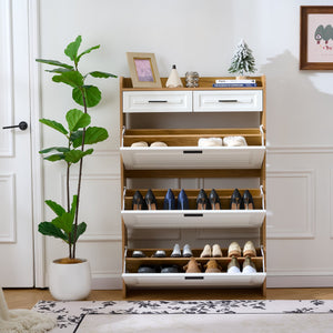 English Elm Two drawer three-fold shoe cabinet with ample vertical shelving, smooth finish, compact entryway storage White+Walnut W3871P368979