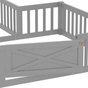 English Elm Full House Floor Bed with Door and Guardrails for Kids, Solid Wood Double Full, Safe Play Nook Grey W1580P354640