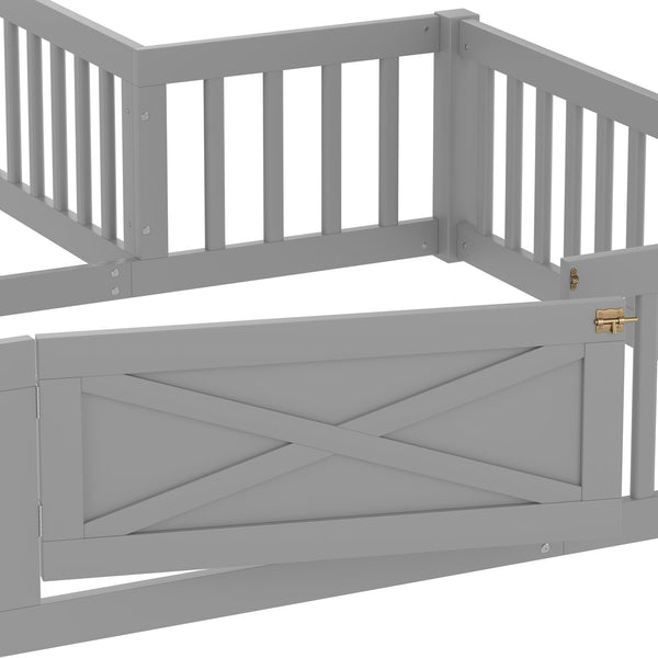 English Elm Full House Floor Bed with Door and Guardrails for Kids, Solid Wood Double Full, Safe Play Nook Grey W1580P354640