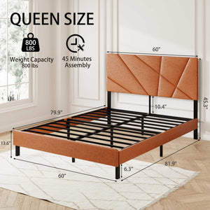 English Elm Queen Metal Platform Bed Frame with Headboard, Antique Brown Upholstered, 800 lb Capacity, Under-Bed Storage, No Box Spring Required W636P294861