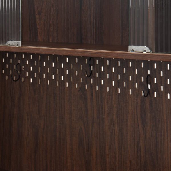 English Elm 71"Tall Walnut Kitchen Pantry Cabinet with Reeded Glass Doors, Microwave Stand, Pegboard Hooks, Large Storage W409P171380