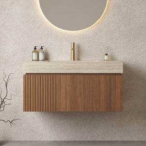 English Elm MURI Modern Wall-Mounted Vanity with Sintered Stone Top and Ceramic Basin, Plywood Cabinet, 39" Beige,Brown Oak W2615S00337