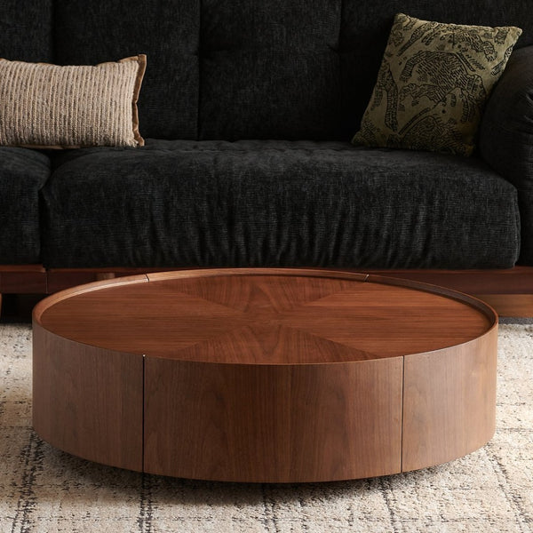English Elm 35.4-inch Round Walnut Mosaic Coffee Table with Sculptural Iron Base for Living Rooms W5098P416512
