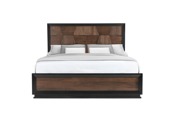 English Elm Houston Queen Platform Bed Geometric Walnut Panel Headboard Solid Wood Bedroom Frame B009S01695