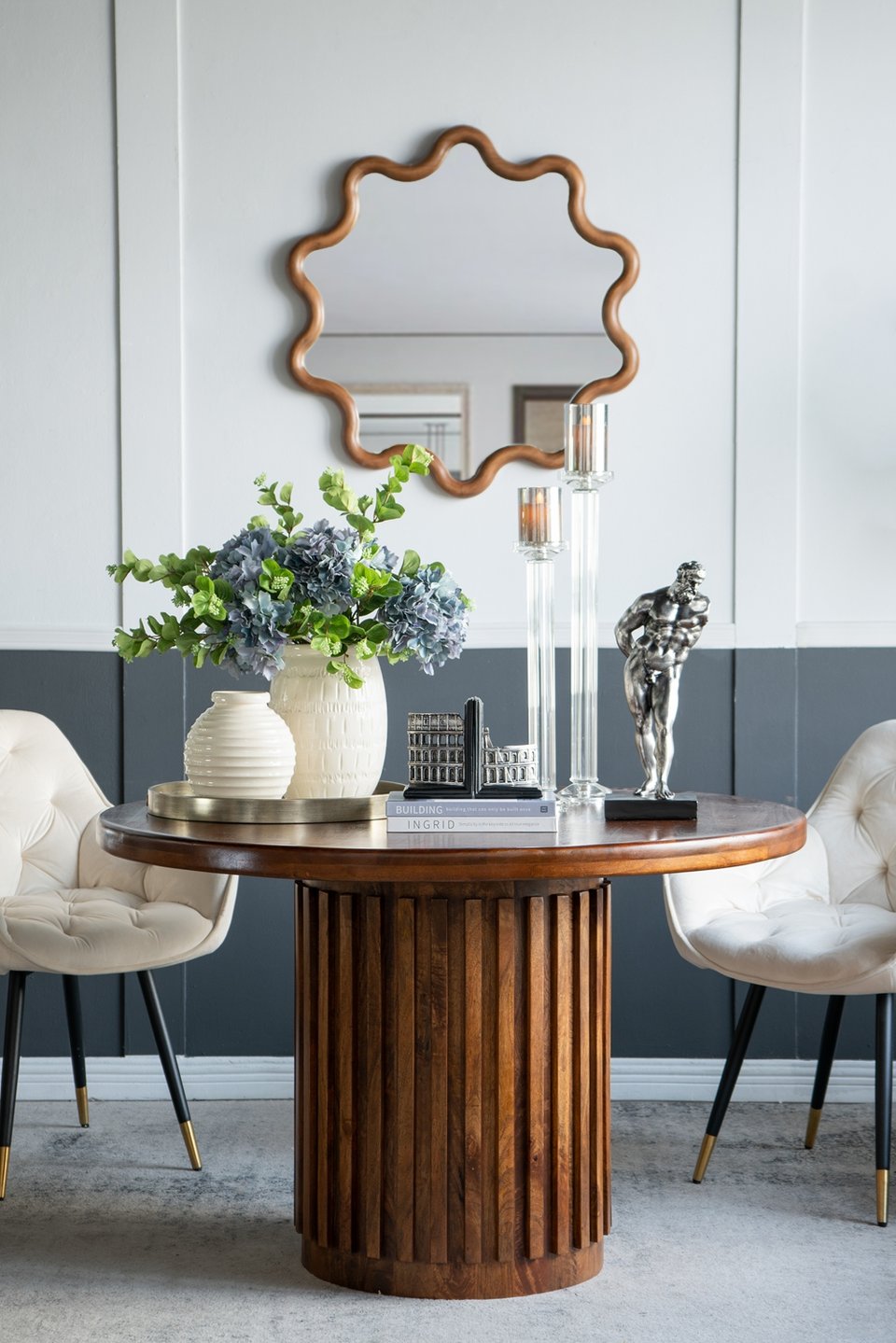 English Elm D47x30" Round Wooden Pedestal Dining Table in Walnut Brown, 47" Diameter, Carved Vertical Base, Organic Modern Flair W2078P293824