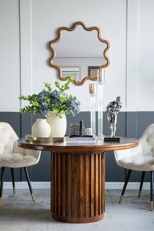 English Elm D47x30" Round Wooden Pedestal Dining Table in Walnut Brown, 47" Diameter, Carved Vertical Base, Organic Modern Flair W2078P293824