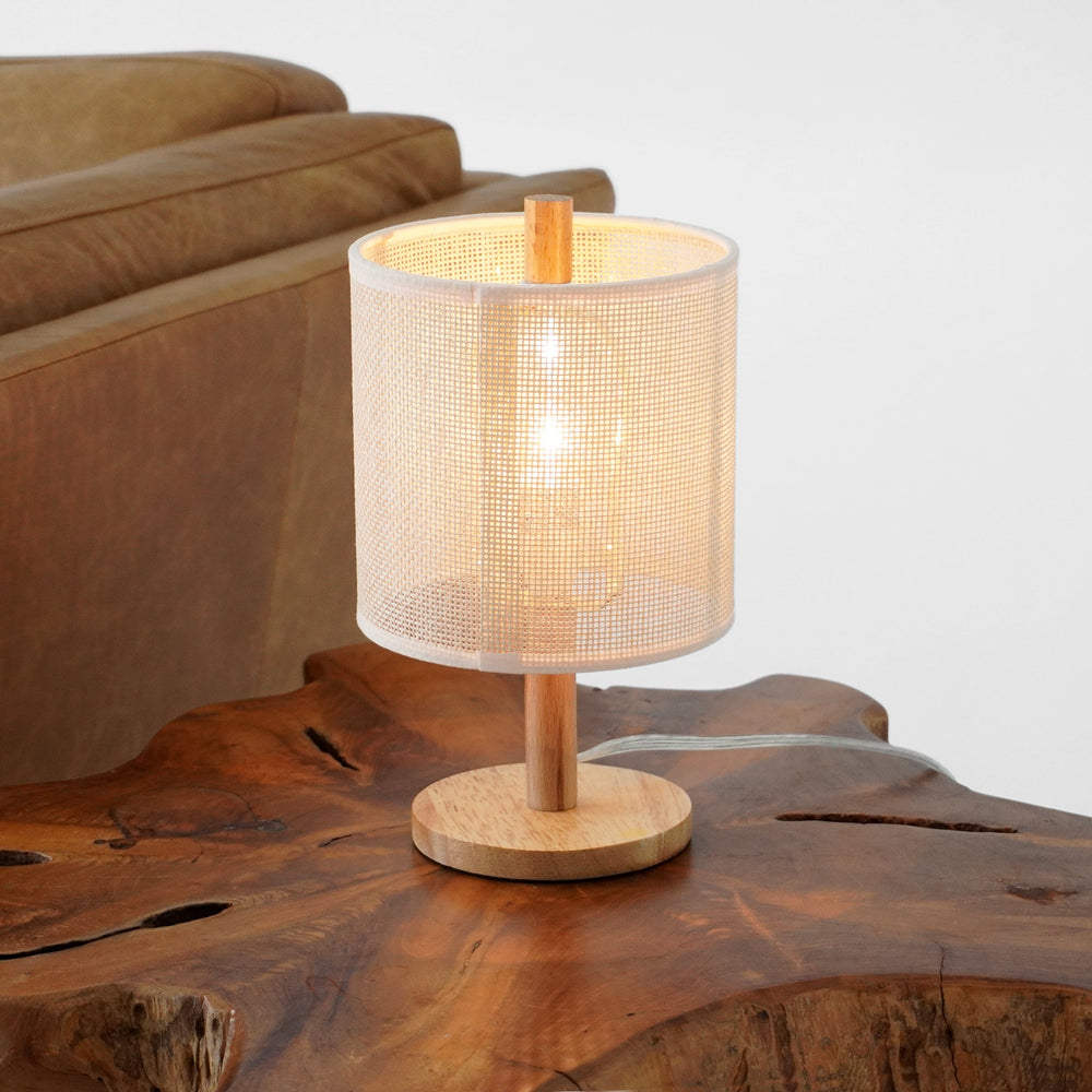 English Elm Ashcroft Furniture - Levio Natural Oak Table Lamp with Linen Rattan Shade — Mid-Century Eco Desk Light for Reading B183P315080