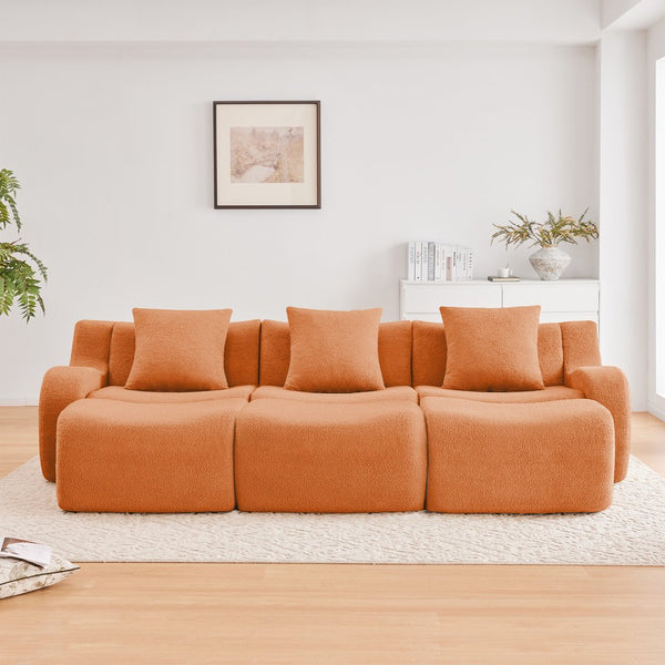 English Elm Three-Seat Modular Sofa with Plush Teddy Fabric, No Assembly, Ergonomic Curved Armrests & Non-Slip Base Orange W714S01452