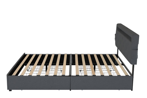 English Elm Queen Upholstered Bed Frame with Headboard, USB Charging, RGB LED Lights & 4 Storage Drawers, Dark Gray W1960P175566