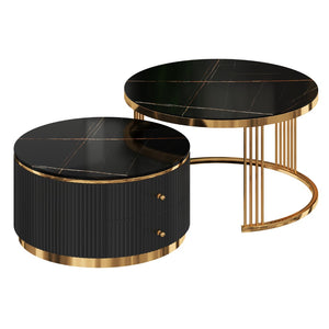 English Elm Modern Round Nesting Coffee Table Set with Gold Pedestal Legs and Storage Drawers Black N735P349323B