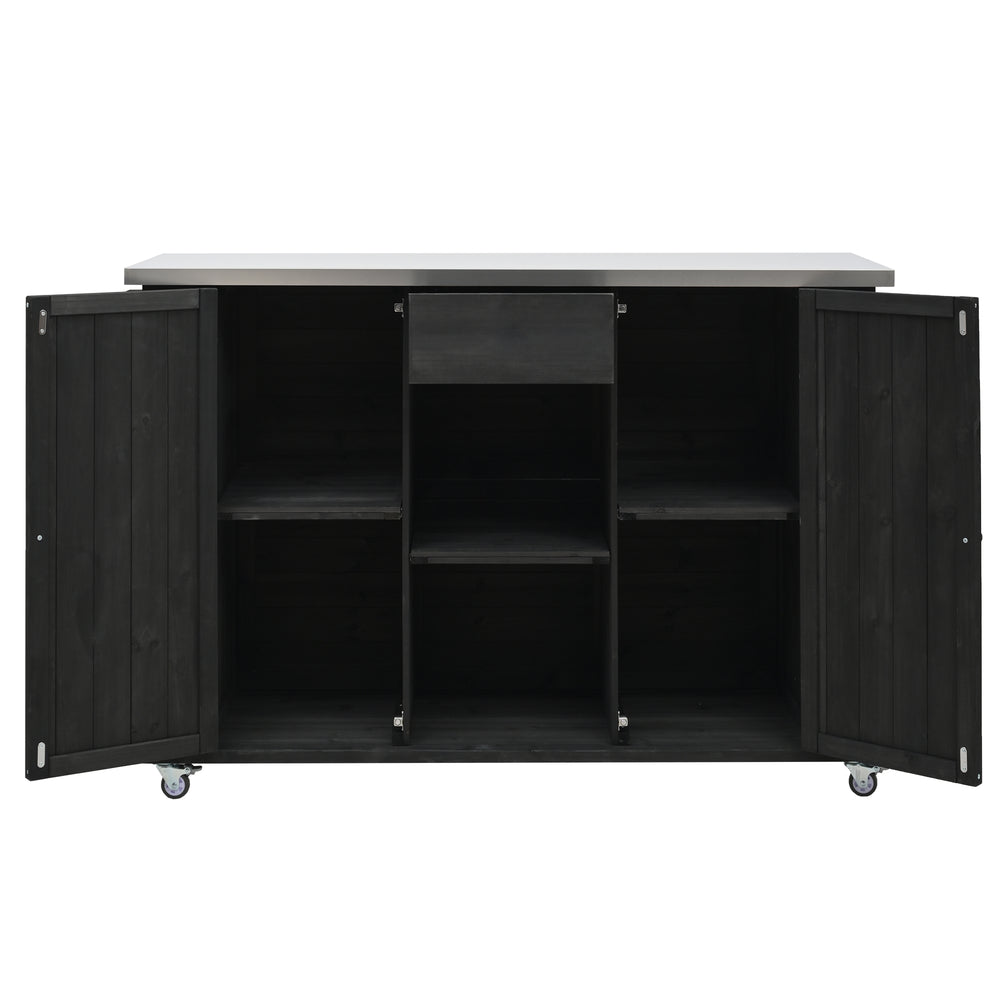 English Elm Outdoor Kitchen Island Solid Fir Wood with Foldable Stainless Top, Ample Storage, Wheels, Opener Black N719P246553B