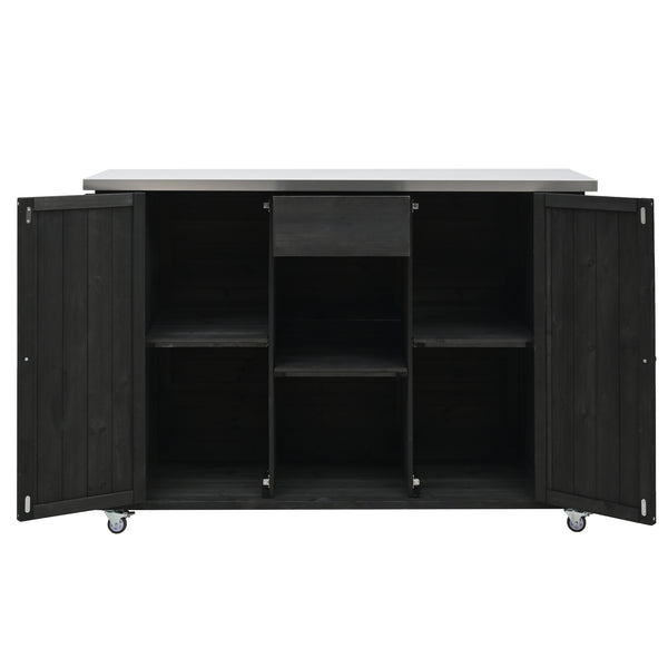 English Elm Outdoor Kitchen Island Solid Fir Wood with Foldable Stainless Top, Ample Storage, Wheels, Opener Black N719P246553B