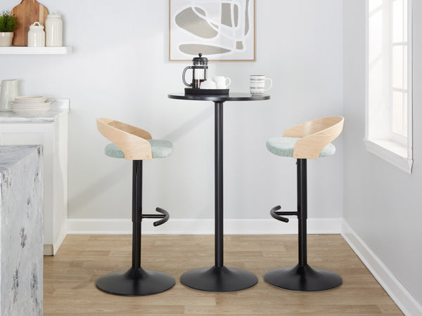 English Elm Adjustable Swivel Barstools Set of 3 Chrome Base Natural Wood Green Fabric Seat B202S02016