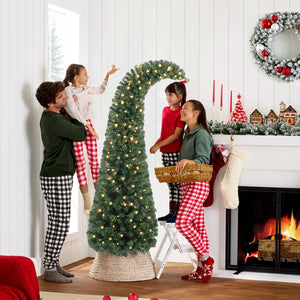 English Elm 6 Ft Slim Bent Top Fir Christmas Tree with 200 Warm White Leds and Metal Stand T3971P390046
