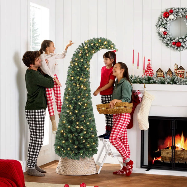 English Elm 6 Ft Slim Bent Top Fir Christmas Tree with 200 Warm White Leds and Metal Stand T3971P390046