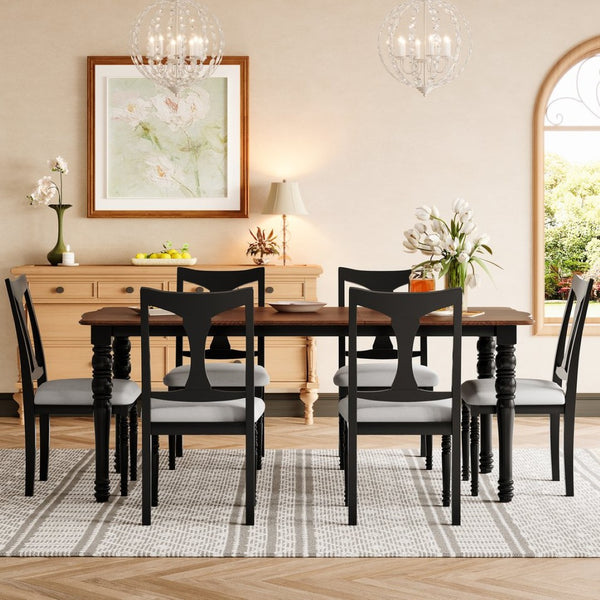 English Elm 7-piece Oak Veneer Extendable Dining Set with 6 Upholstered Chairs for Farmhouse Kitchens Black+Brown N752S100030B