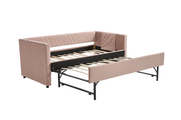English Elm Pink velvet daybed with diamond-grid pull-out trundle, modern velvet MDF frame, twin size elegance and extra sleep space W1361S00030