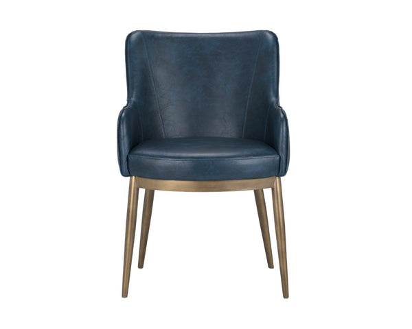 Sunpan FRANKLIN Dining Armchair - Vintage Blue Faux Leather with Antique Brass Frame for Stylish Spaces 104978