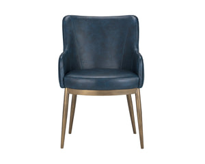 Sunpan Franklin Dining Armchair - Elegant Barrel Back Design with Antique Brass Frame for Modern Spaces Vintage Blue