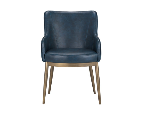 Sunpan Franklin Dining Armchair - Elegant Barrel Back Design with Antique Brass Frame for Modern Spaces Vintage Blue