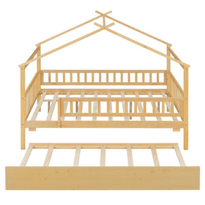 English Elm Full Size Pine House Bed with Roofline Frame and Roll Out Twin Trundle for Kids Natural LP100306AAN