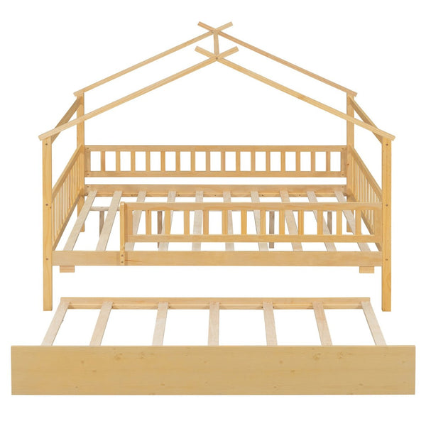 English Elm Full Size Pine House Bed with Roofline Frame and Roll Out Twin Trundle for Kids Natural LP100306AAN