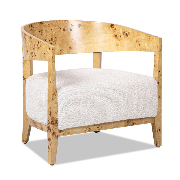 English Elm Jennifer Taylor Home - Madrid Luxurious Burl Wood Barrel Accent Chair in Seashell White Chenille — Cozy, Durable, Stylish Accent B2719P238278
