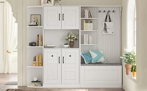 English Elm Multifunctional Modular Hall Tree Cabinet with Open Shelves and Hooks for Entryway White W1580S00519