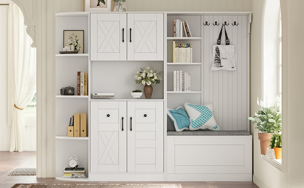 English Elm Multifunctional Modular Hall Tree Cabinet with Open Shelves and Hooks for Entryway White W1580S00519