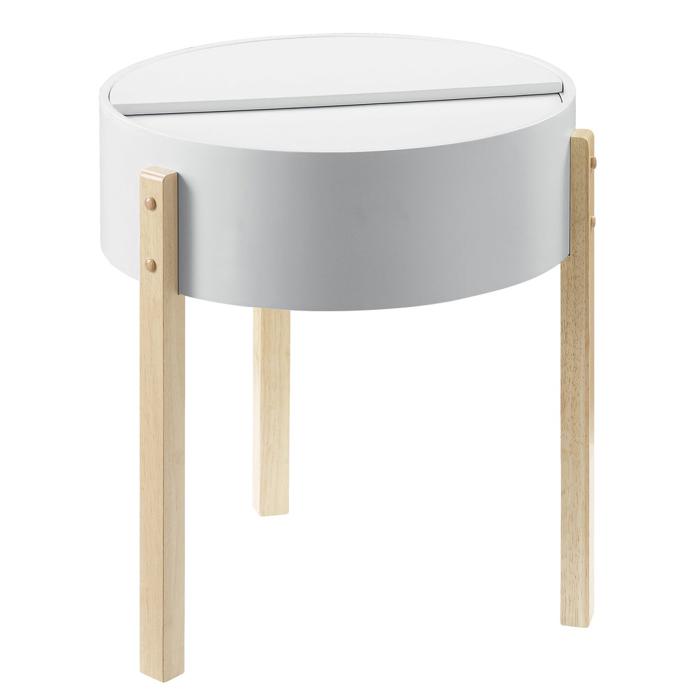 English Elm White Round End Table with Hidden Storage Shelf, White and Natural Wood Top for Cozy Living Rooms B062P185697